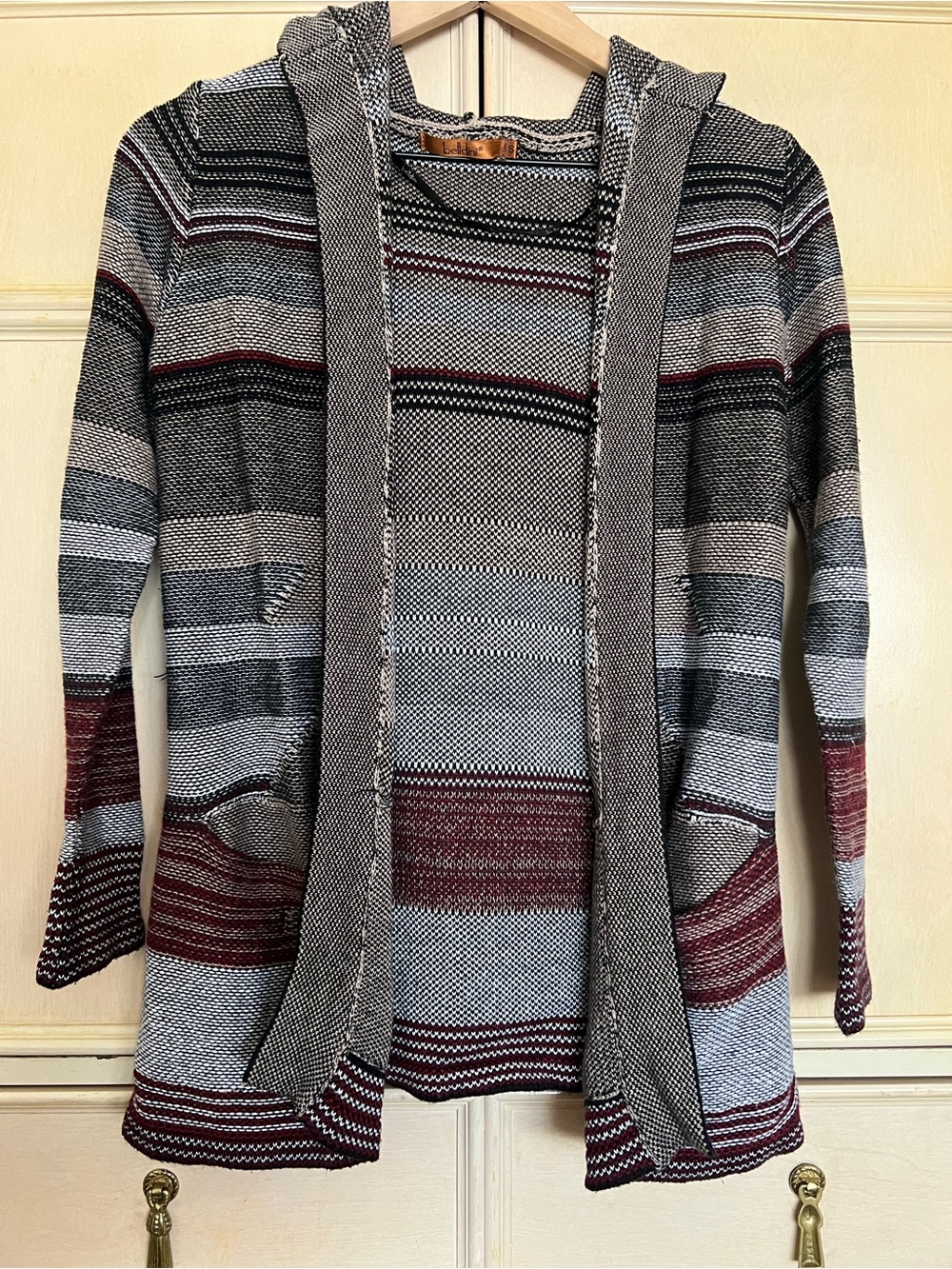 Belldini Striped Hooded Cardigan in Gray, Burgundy & Black